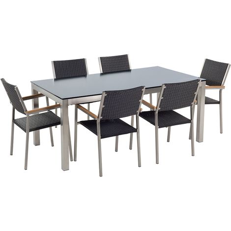 Set da Giardino Tavolo Piano in Vetro Nero e 6 Sedie Rattan 180 x 90 cm Grosseto (1/5)