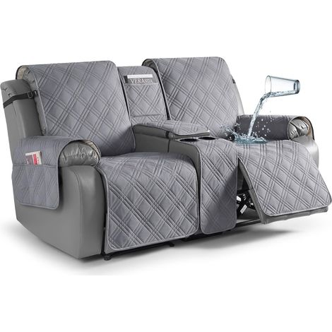 Couverture imperméable Loveseat avec console, Couverture anti-dérapage Loveseat avec console avec poche, Couverture de canapé couchant séparé Protecteur de meubles, 2 places, gris clair (1/5)