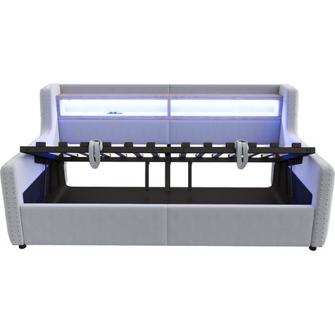 Lit banquette 90 x 200 cm en velours gris clair avec rangement hydraulique et LED (1/5)