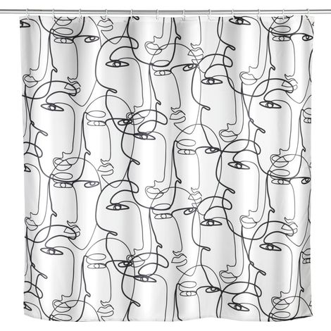 WENKO Rideau de douche anti-moisissure Faces, rideau textile antibactérien pour la douche et la baignoire, lavable & hydrofuge, avec 12 anneaux à fixer sur une barre de douche, 180 x 200 cm (1/2)