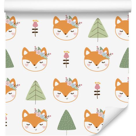 Papel pintado de zorros con flores para salón y dormitorio, 50x1000 cm. (1/5)