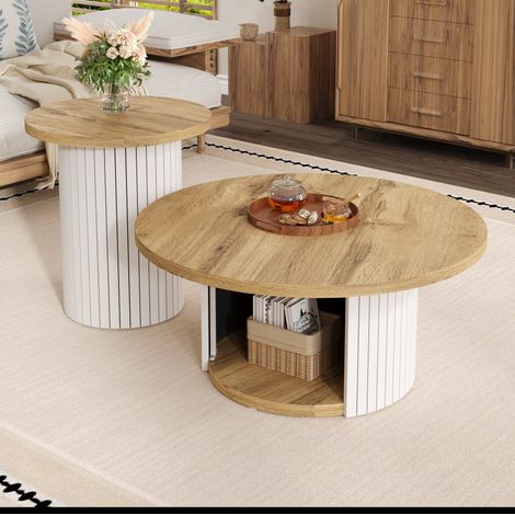 Tavolino basso rotondo doppio, set da 2, in MDF naturale, 75 x 75 x 50 + 45 x 45 x 35 cm HAVRYA (1/5)