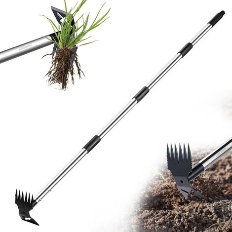 Extracteur de mauvaises herbes avec long manche de 150 cm, outil de jardinage manuel 2 en 1, râteau et binette de jardin, traction de désherbage robuste pour cour, pelouse, terrasse, jardin (1/5)