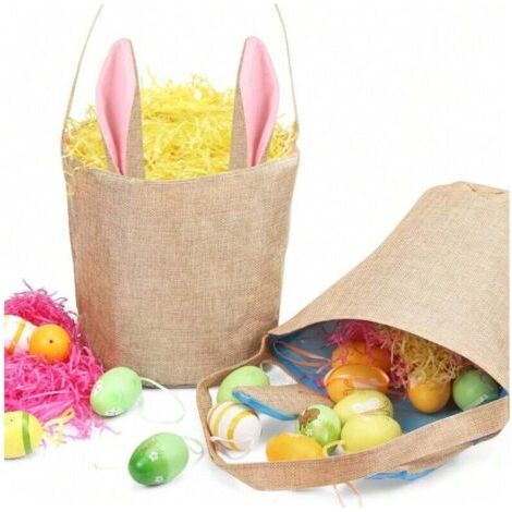 QORVA-Panier en tissu de Pâques, panier oreilles de lapin, 2 paniers oreilles de lapin de Pâques, sac en toile de jute Panier à œufs de Pâques, bleu/rose
