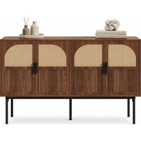 Buffet 4 portes en MDF avec rangement, style rétro, façade en paille tressée et pied acier noir, 140 x 40 x 80 cm, pour salon ou entrée  CHICFURN (1/5)