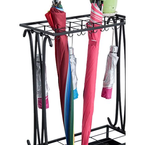 Metall-Schirmständer – Halter mit Abtropfschale und 10 Schlitzen + 8 Haken – Schwarz (1/5)