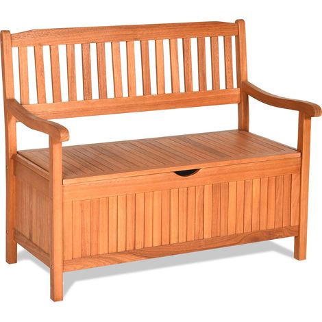 Banc coffre de rangement couleur teck en eucalyptus avec couvercle rabattable et sac intérieur pour terrasse jardin et porche (1/5)