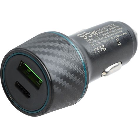 Cargador de coche USB PD de 95 W y 12-24 V CC, doble puerto, carga rápida, estilo fibra de carbono, adaptador para encendedor de cigarrillos para coche y camión. (1/5)