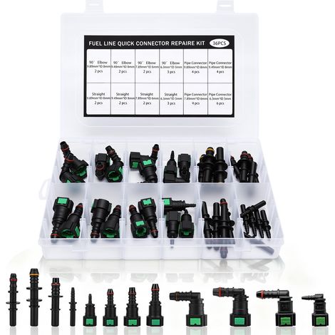 Lot de 36 connecteurs de tuyau de carburant à dégagement rapide SAE 9,89 mm, 9,49 mm, 7,89 mm, 6,3 mm, connecteurs droits et coudés pour voiture, moto, bateau, ID8 mm, ID6 mm (1/5)