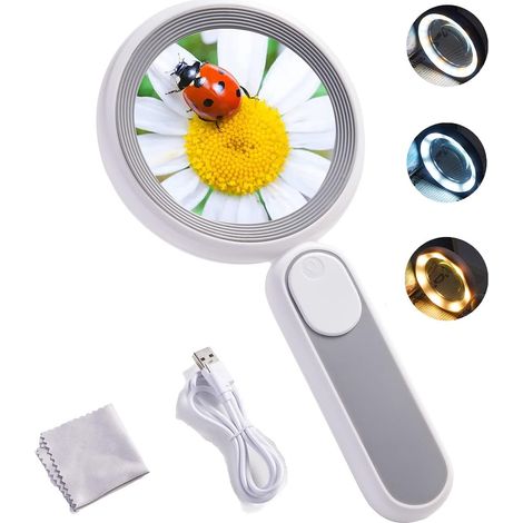 Lupa de lectura de 10 aumentos con 21 luces LED, recargable por USB, con 3 modos de iluminación, ideal para niños mayores, lectura, joyería, personas mayores, personas con discapacidad visual, observa (1/4)