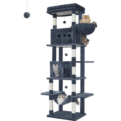 Arbre à chat 210 cm avec 6 étages – Grande plateforme 60x40 cm – Niche confortable – 8 poteaux en sisal – Tapis lavable