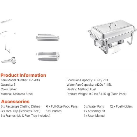 Plat de service, capacité de 8 quarts, en acier inoxydable durable (1/2)