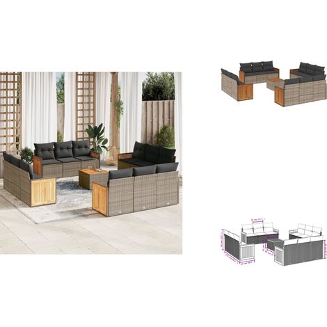 13-tlg. Garten-Sofagarnitur mit Kissen Grau Poly Rattan - Gartensorte - Outdoor Möbel - Gartenlounge - Esstischset - Lounge Set (1/3)