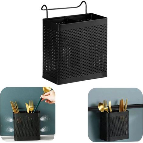 Pot de rangement pour couverts et baguettes en inox - range-baguettes suspendu avec écoulement, noir, 15,5 x 8,5 cm (1/5)