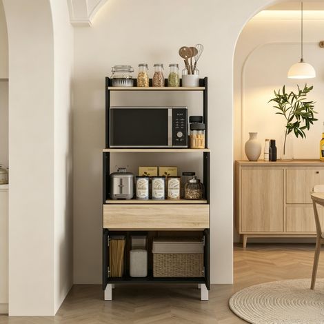 Mueble de cocina con microondas integrado, aparador, mueble para microondas con armario, cajones y estante superior. (1/5)