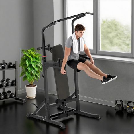 Estación de Musculación Torre de Entrenamiento Altura Ajustable con Barra de Dominadas y Banco Plegable para Fitness en Casa Gimnasio Carga 150 kg 99x178x230 cm Negro (1/5)