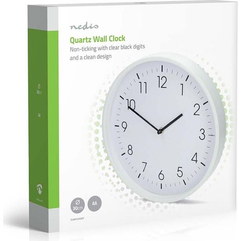 Nedis Wanduhr / Durchmesser: 300 mm / Kunststoff / Leise Bewegung / Weiss