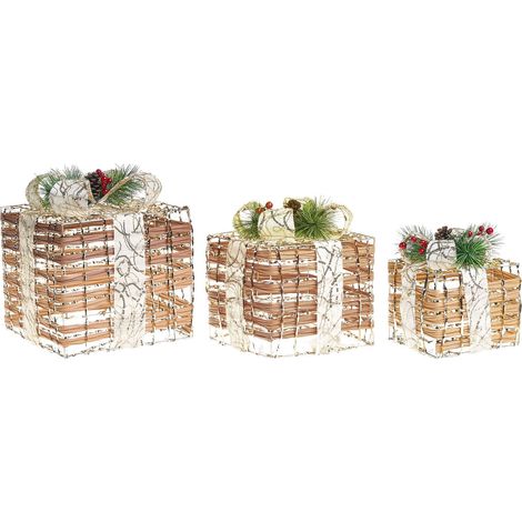 Lot de 3 Cadeaux de Noël Décoratifs LED avec Nœud pour Intérieur Accessoires Lumineux Marron Tisso (1/5)