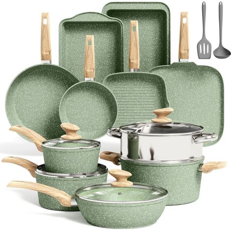 Set de 17 pièces d'ustensiles de cuisine en granit vert, antiadhésif, induction (1/5)