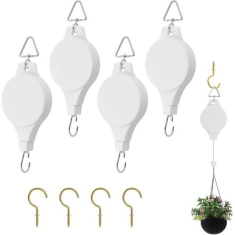4pcs Crochet Suspension Plante Poulies Rétractables pour Plantes Poulies pour Suspendre des Plantes Convient pour Pots de Fleurs de Jardin, Jardinières Suspendues, Mangeoires à Oiseaux (Blanc) (1/5)
