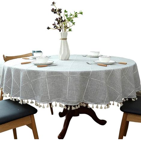 Nappe ronde en coton-lin à carreaux avec pompons, 200cm, Gris
