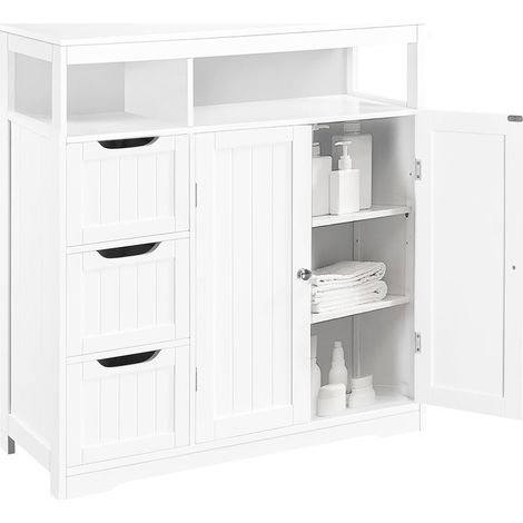 Meuble de Salle de Bain en Bois Blanc avec 3 tiroirs, 2 Portes et 2 étagères, Peu encombrant, Meuble Multi-usages pour Salon, Cuisine, Bureau, Armoire 80,5 x 30 x 86,5 cm (1/5)