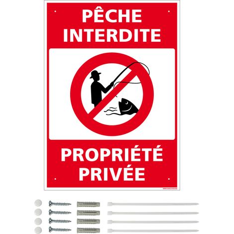 Panneau de signalisation prépercé PVC ou ALU rectangulaire + kit de fixation - Pêche interdite, propriété privée - ALU 2 mm - 300 x 420 mm