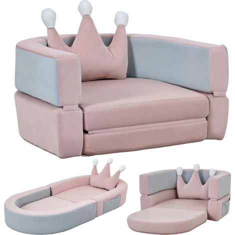 Canapé rose, bleu et grisâtre pour enfant convertible en lit et aire de jeux avec coussin couronne 116x61x14 cm, mobilier design ludique pour chambre pratique et confortable