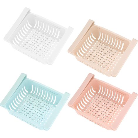 4 Pièces Boite de Rangement Frigo, Organisateur de Tiroir Rétractable pour Réfrigérateur Frigo Cuisine Gain de Place Légumes Fruits - Bleu/Blanc/Rose/Beige (1/5)
