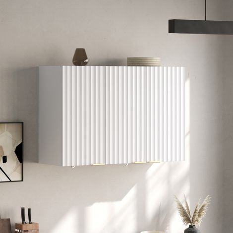 Armario alto de cocina colgante blanco de MDF con 3 puertas de lamas onduladas y tiradores dorados, almacenaje mural para baño y lavadero, 90 × 29 × 60 cm FLORAGRACE (1/5)