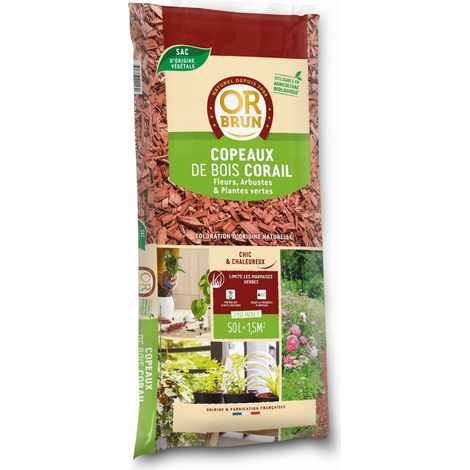 Copeaux de bois corail 50 L – Pour paillage décoratif et amélioration du sol – Utilisation universelle jardin – Or Brun
