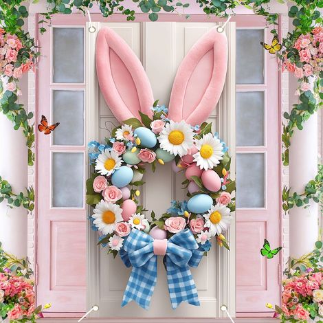 Guirlande Porte De Pâques - Lapin Rose Et Fleurs - Décor Extérieur Intérieur - 90 x 180 cm - Polyester Résistant Aux Intempéries - 1 Pièce (1/5)