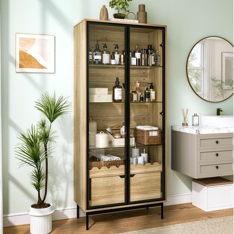 MEUBLIV Vitrina alta 75 x 35 x 170,8 cm negra y efecto madera con puertas de cristal (1/5)