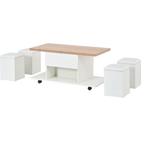 Table basse relevable avec 4 tabourets, transformable en table à manger, rangement intégré et roulettes, blanc et bois naturel (1/5)