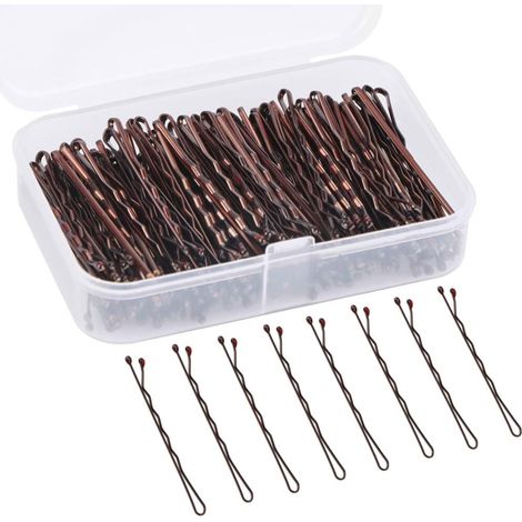 Lot de 150 épingles à cheveux marron (5 cm) avec boîte – Pince à cheveux plate en métal pour femme q (1/5)