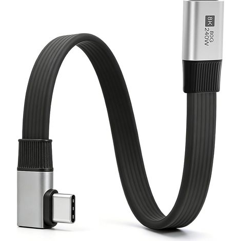 Rallonge USB C courte 240 W, angle droit de 90 degrés, câble plat USB C mâle vers femelle, 80 G avec prise en charge 8K @ 60 Hz pour Thunderbolt 4 et batterie externe - 20 cm (1/5)
