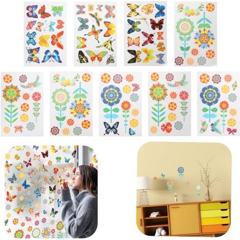 Stickers fleurs et papillons lot de 9 de 20 x 30 cm - autocollants de fenêtre pour chambre et école, styles assortis (1/5)