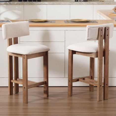 Barhocker 2er Set Leinen mit Rückenlehne und Holzbeinen, Beige (1/5)