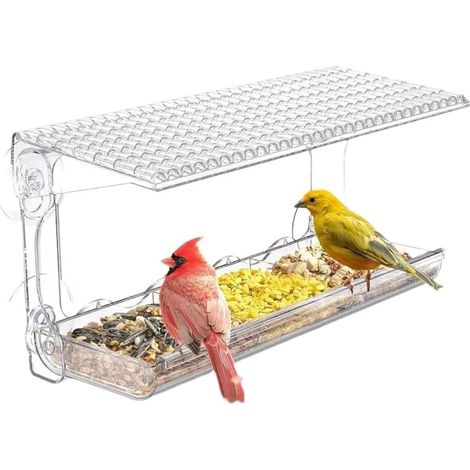 Vogelfutterspender mit leistungsstarken 480-ml-Saugnäpfen, abnehmbaren Futterschalen und Wasserfach mit Ablauflöchern für klare Sicht (1/5)