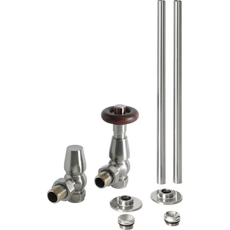 Milano Windsor Angled Thermostatic Radiator Valve TRV and Pipe Set - Satin Nickel