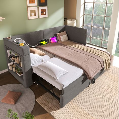 Sofá cama con cama nido 90x200 cm gris con puertos USB y Type-C, sin colchón (1/5)