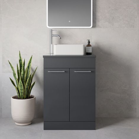 Napoli 390 Gloss Grey 600mm 2 Door Vanity Unit for Countertop Basins - 600mm - Chrome 160mm Handle