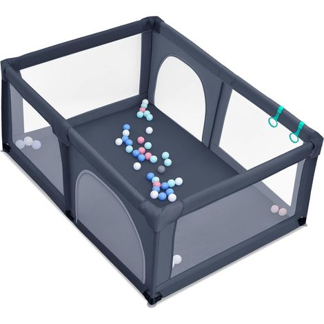 COSTWAY 120 x 190cm Baby Laufstall mit 50 Spielbällen, Laufgitter mit atmungsaktivem Netz und Reißverschluss, Krabbelgitter 2 Türen, Laufgitterzelt für Säuglinge und Kleinkinder (Dunkelgrau) (1/5)