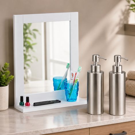 Set da bagno moderno (2 pezzi) – Doppio dispenser per sapone in acciaio inossidabile e specchio da parete bianco con mensola (1/5)
