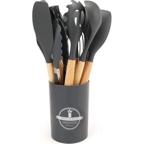 Juego de utensilios de cocina de silicona de 12 piezas Con mangos de madera resistentes al calor fáciles de limpiar (1/5)
