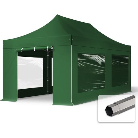 3x6 m Faltpavillon, PREMIUM Stahl 40mm, Seitenteile mit Panoramafenstern, dunkelgrün