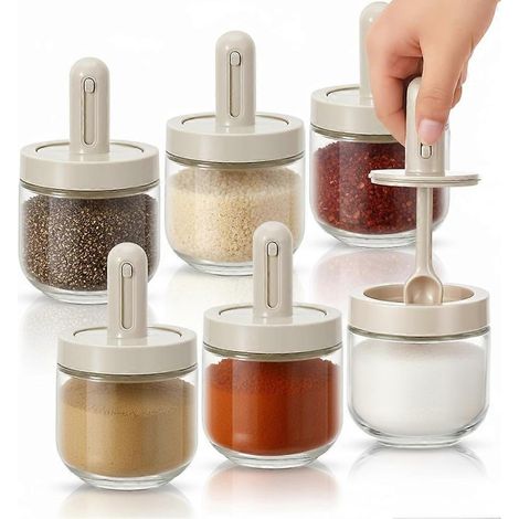 Ensemble de 2 pots à sel, flacons à épices avec couvercle extensible étanche à l'humidité, cuillère, ustensiles de cuisine, poivrier et épices (1/5)