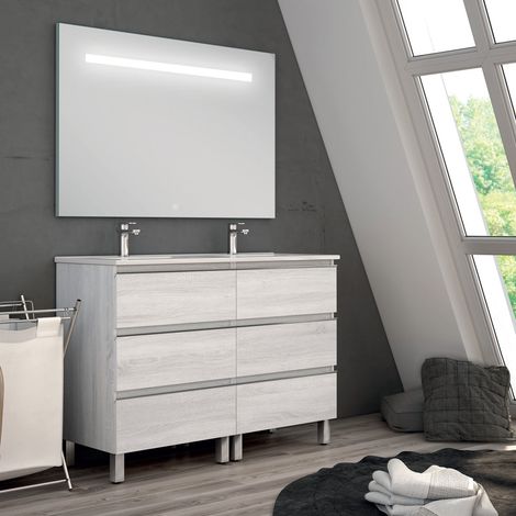 Meuble de salle de bain double vasque - 6 tiroirs - hibernian (bois blanchi) - PALMA et miroir Led STAM - 120cm (1/5)
