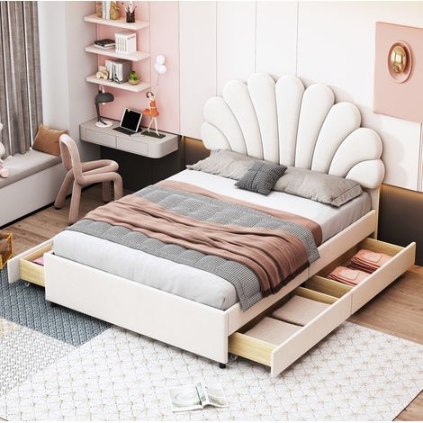 Cama tapizada 140/200 cm beige de terciopelo con 4 cajones y cabecero floral (1/5)