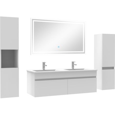 Acezanble meuble Salle de Bain Blanc 120cm double vasque + colonne + miroir LED (1/5)
